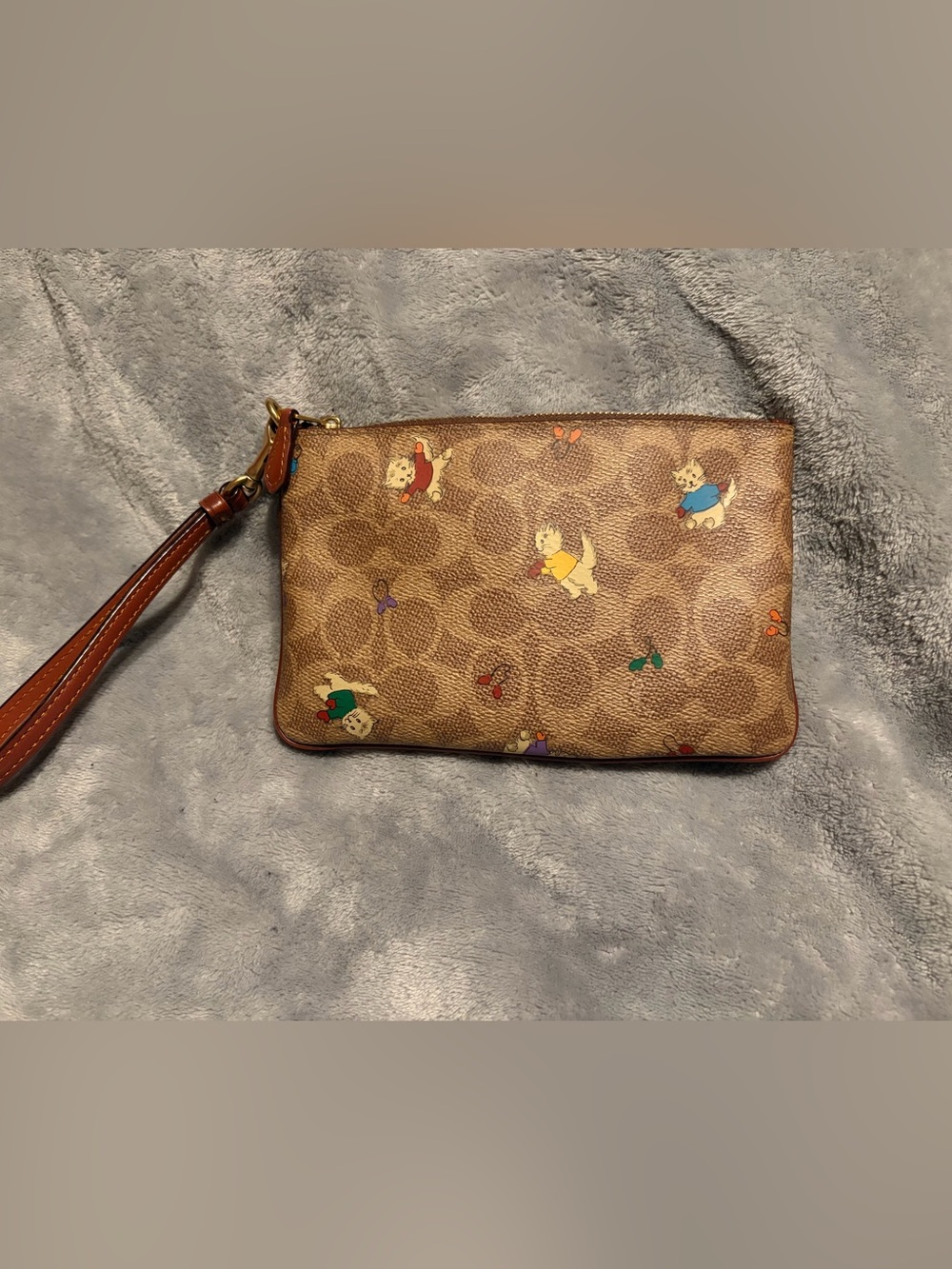 Coach Signature Cat Print Wristlet Brown Tan Canvas Leather Zip Pouch Rare - Picture 1 of 5